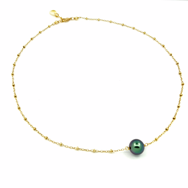 Collier simple chaîne boulette avec une perle - plaqué or