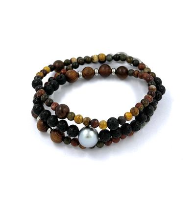 Bracelet homme 3 tours pierres de lave, Bronzite, Jaspe et perle de Tahiti