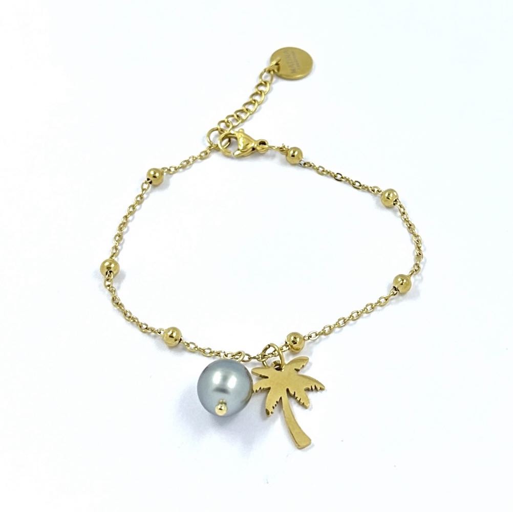 BRACELET acier doré PALMIER + PERLE de Tahiti