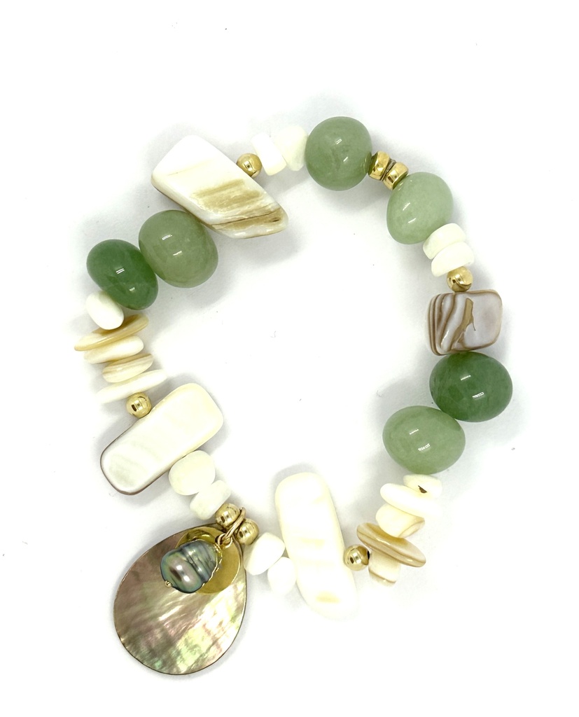 Bracelet plaqué or élastique, keishi, nacres et pierres