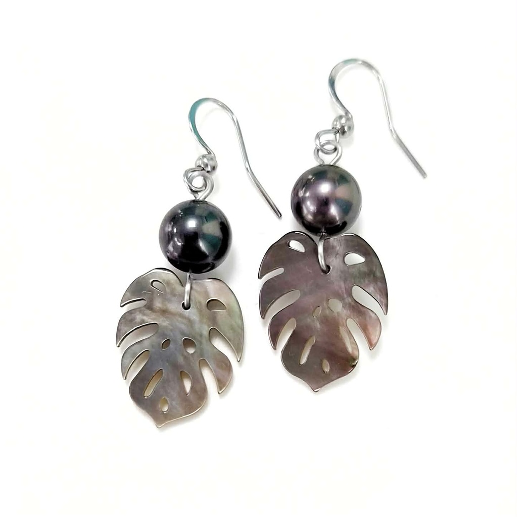 BOUCLES D'OREILLES Acier Ape nacre  + perles de Tahiti