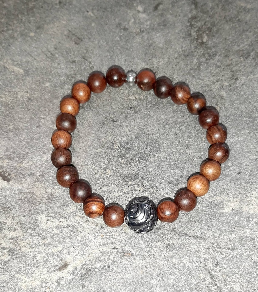 Bracelet elast. Homme bois &amp; perle gravée