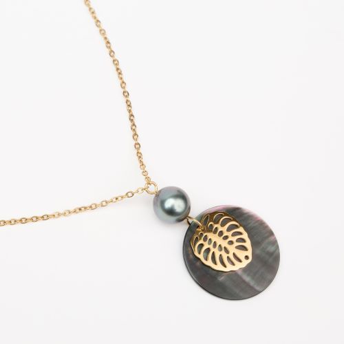 Collier acier doré Nacre, feuille Ape et perle de Tahiti