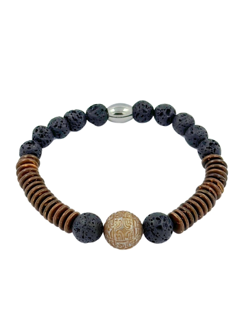 BRACELET HOMME ELASTIQUE bois cocotier/ PDL + perle gravée