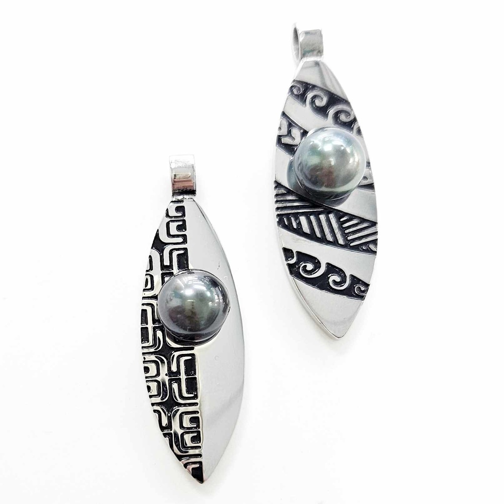 PENDENTIF SURF TATTOO ET PERLE DE TAHITI - ACIER