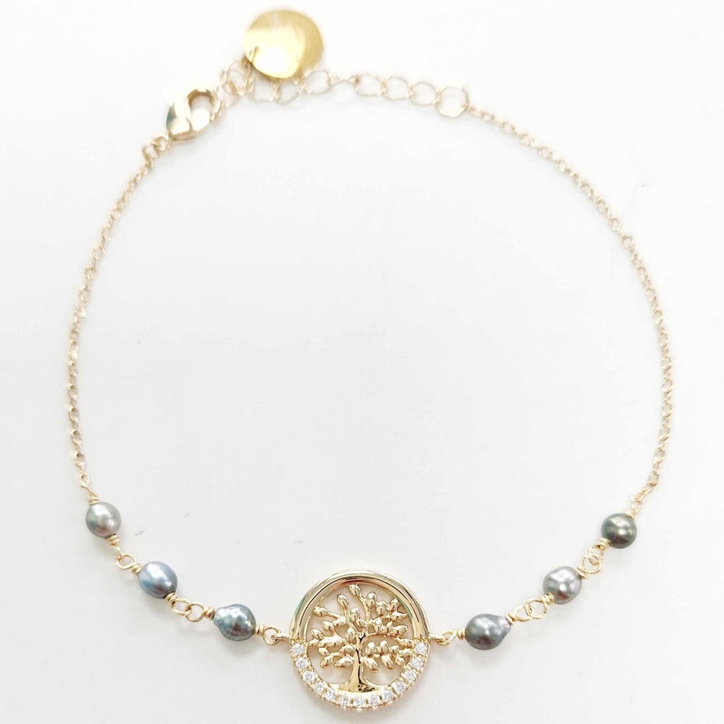 BRACELET ARBRE DE VIE ZIRCONS ET 6 KEISHIS - plaqué or