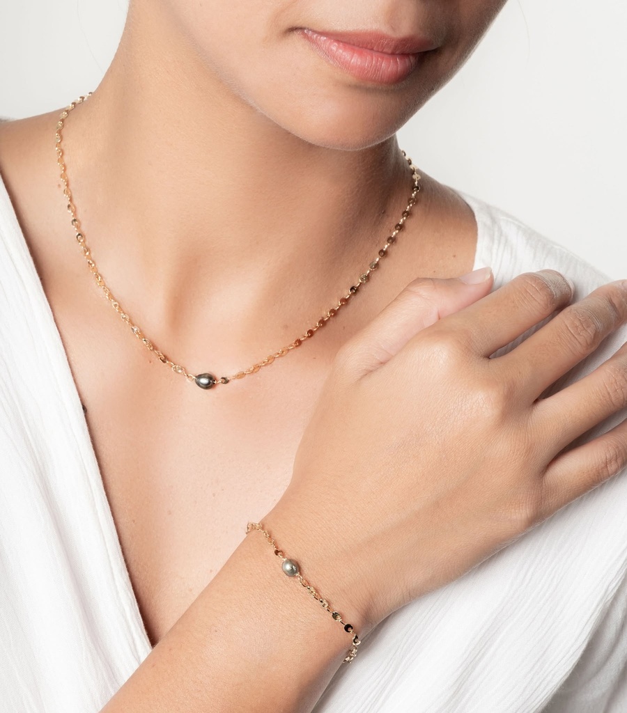 BRACELET MAILLES PLATES ET 1 KEISHI - PLAQUE OR