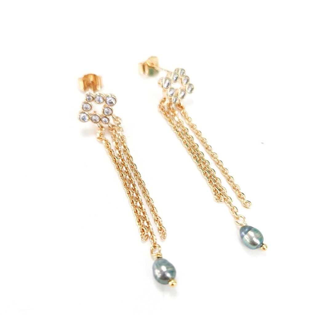 BOUCLES D OREILLES LOSANGE ZIRCONS ET KEISHIS - PLAQUE OR