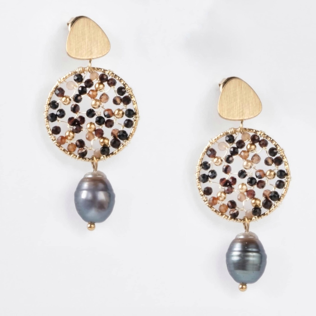 BOUCLES D OREILLES NOIRES ET PERLE - ACIER DORE
