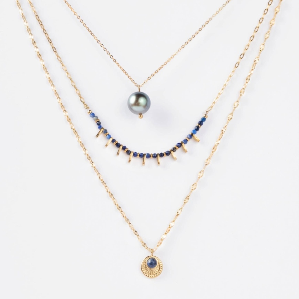 COLLIER 3 RANGS ESMERALDA BLEU - ACIER DORE