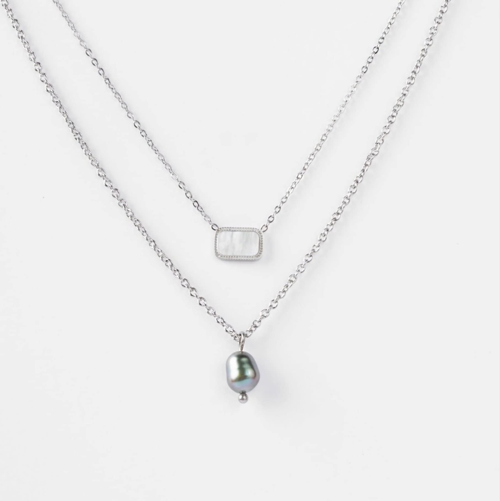 COLLIER 2 RANGS NACRE RECTANGLE ET KEISHI - ACIER - CAPSULE