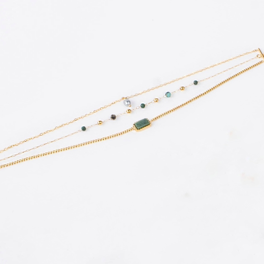 BRACELET 3 RANGS VERT ET KEISHI - ACIER DORE
