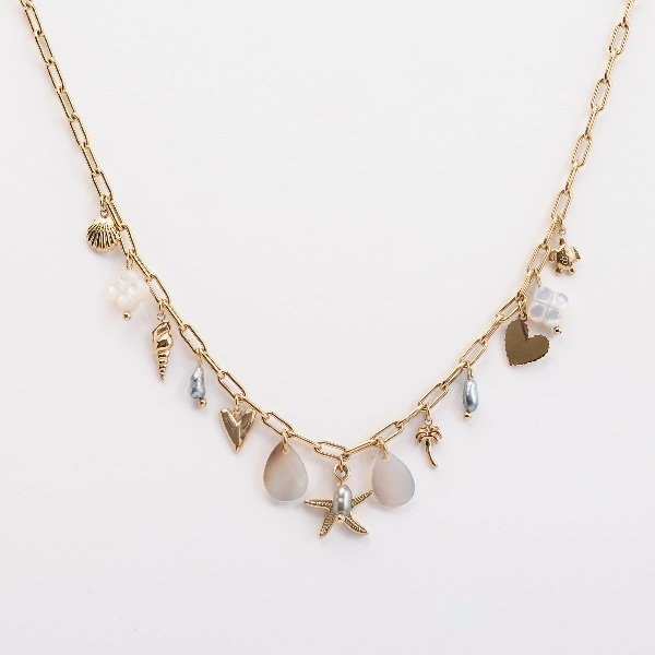 COLLIER BRELOQUES DIVERSES + 3 KEISHIS - ACIER DORE