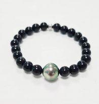 Bracelet elast. Homme Onyx &amp; Perle