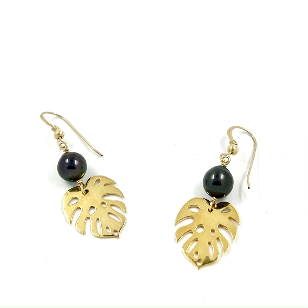 Boucles d'oreilles plaqué or feuille ape perles de Tahiti