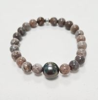 Bracelet elast. Homme corail fossil et jaspe &amp; perle