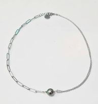 [JUCOP2] Collier acier 1 perle de Tahiti 1/2 chaine et mailles