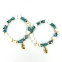 [COPLBRT] Bracelet élastique plaqué or, Keishi, nacre et turquoise