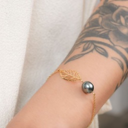 [ACDBRFP] Bracelet acier doré minimaliste feuille et perle de Tahiti