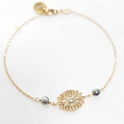 [FLEURBR] BRACELET FLEUR ZIRCON ET 2 KEISHIS - plaqué or