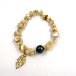 [BURGOF] BRACELET ELASTIQUE BURGO PERLE DE TAHITI ET FEUILLE -PLAQUE OR