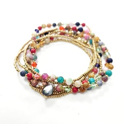 [BRCOLOR] SAUTOIR/BRACELET 7TOURS AGATE ET KEISHI - ACIER DORE