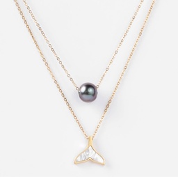 [COBALEIN] COLLIER DOUBLE QUEUE DE BALEINE ET PERLE - ACIER DORE