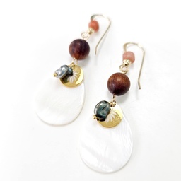 [NEGF10R] Boucles d'oreille nacre blanche, pierre rose &amp; bois, sequin, keishis - plaqué or
