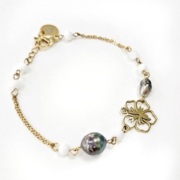 [BRHIBIS] Bracelet HIBISCUS perle nacre et keishi - ACIER DORE