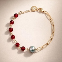 [BROUGE] BRACELET 1 PERLE MAILLES RECTANGLE ET PIERRES ROUGES - ACIER DORE