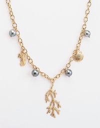 [SEACORAIL] COLLIER BRELOQUES DE LA MER PERLE ET CORAIL - ACIER DORE