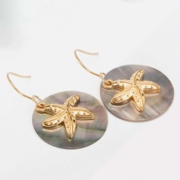 [STRN] BOUCLES D OREILLES NACRE RONDE ET ETOILE DE MER - ACIER DORE