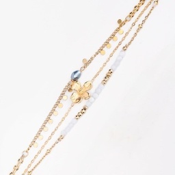 [BRBLANC] BRACELET FANTAISIE BLANC 3 RANGS + 1 KEISHI - ACIER DORE