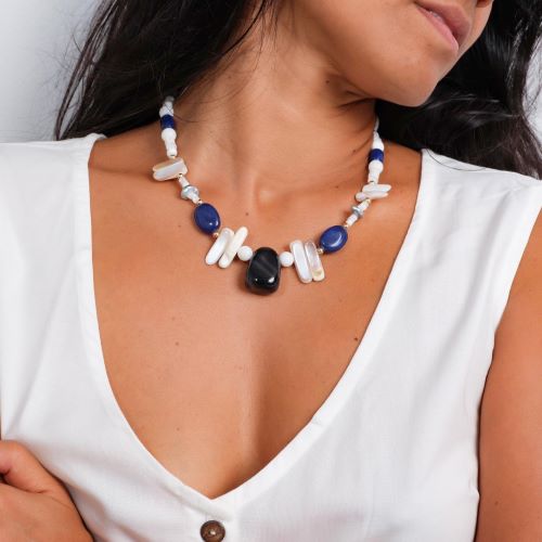 Collier pierres/agate/lapis lazuli/nacre et 2Keishis