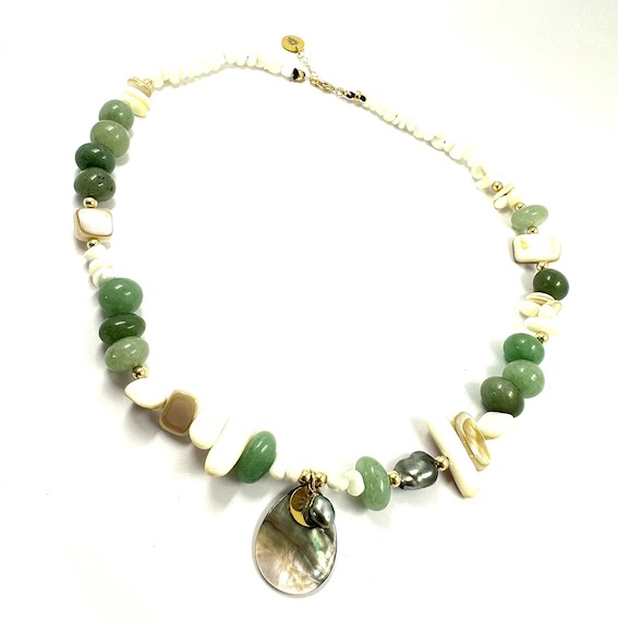 COLLIER PIERRES AVENTURINE, NACRE ET KEISHIS