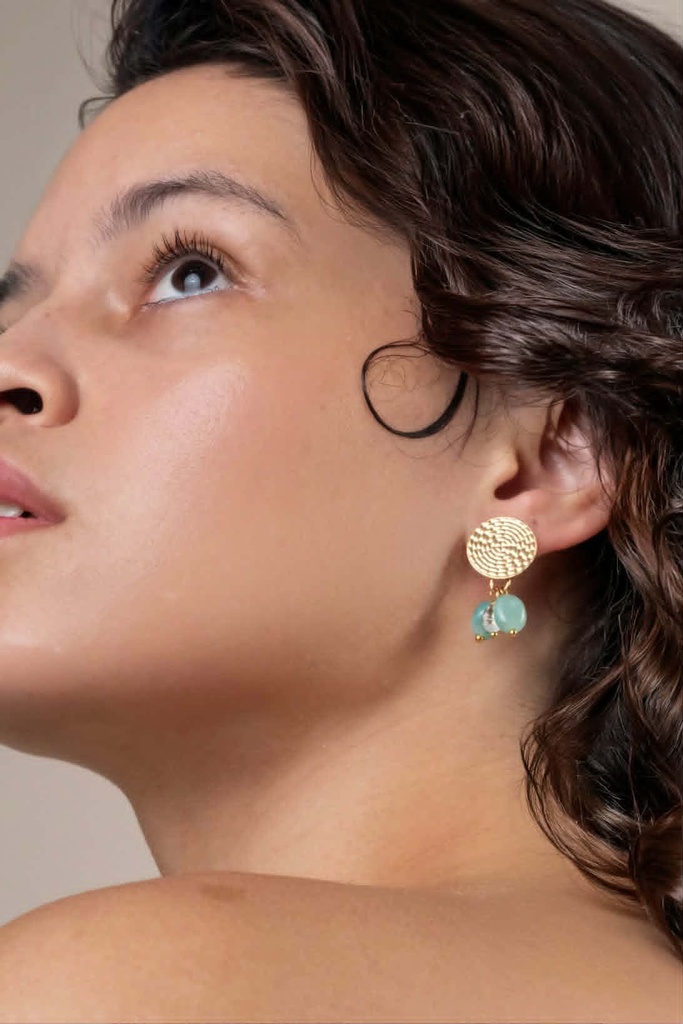 Boucles d'oreilles acier doré estampe + pierres turquoises + keishis