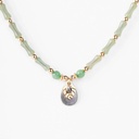 Collier en acier doré pierres agate verte, nacre, ape et keishi