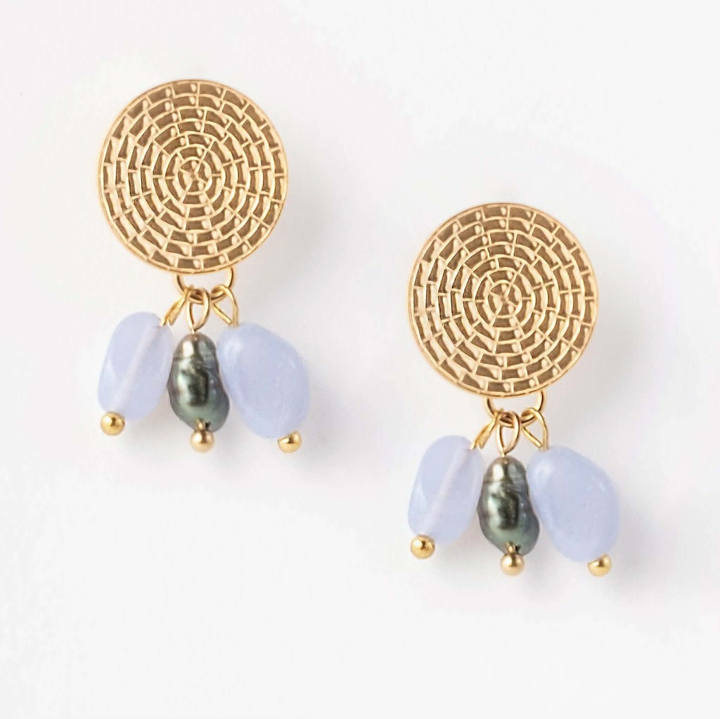 Boucles d'oreilles acier doré estampe + pierres lavandes + keishis