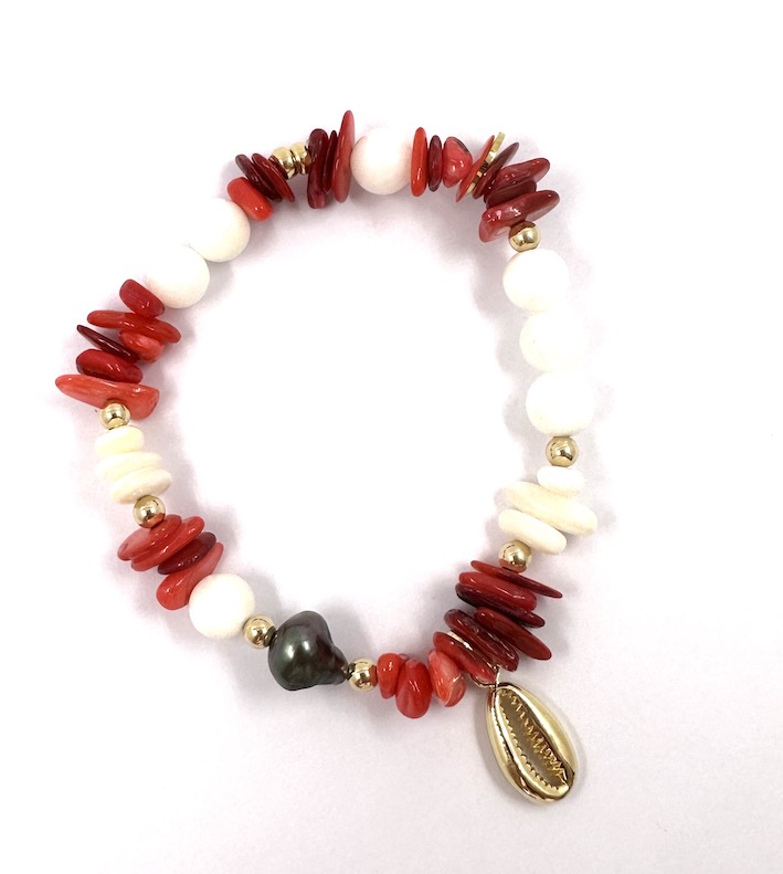 Bracelet élastique plaqué or Cori, corail rouge et nacre