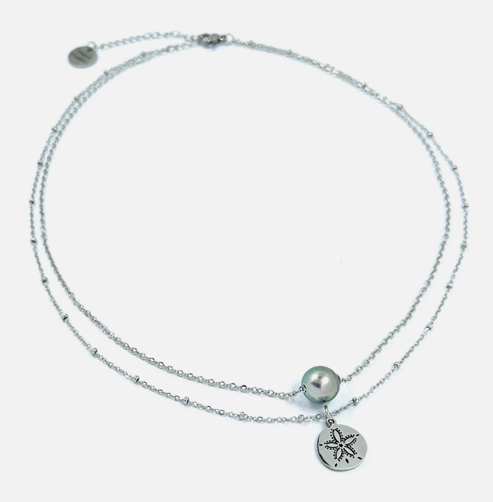 COLLIER DOUBLE CHAINE  acier DOLLAR + PERLE