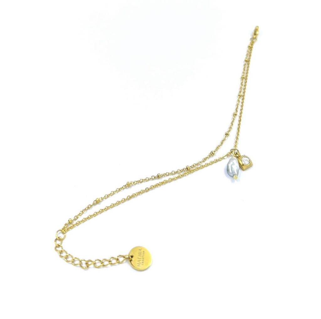 BRACELET acier doré double chaines strass + 1 keishi