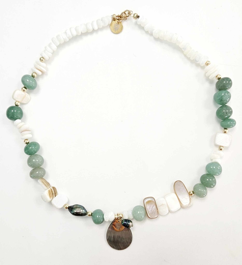 COLLIER PIERRES AVENTURINE, NACRE ET KEISHIS