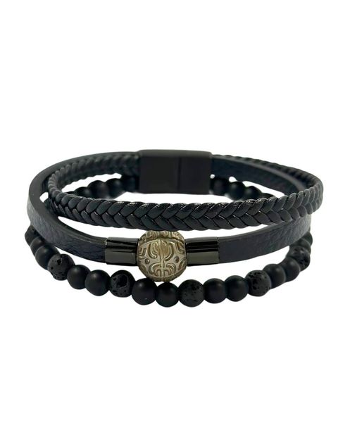 Bracelet homme multi cuir, pierres de lave et perle gravée