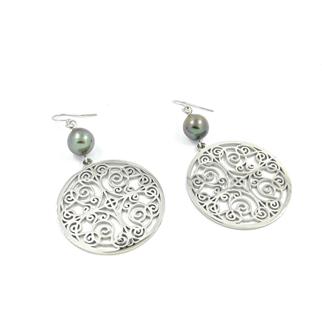 BOUCLES D'OREILLES ROSACE en Acier Inoxydable ET PERLE DE TAHITI