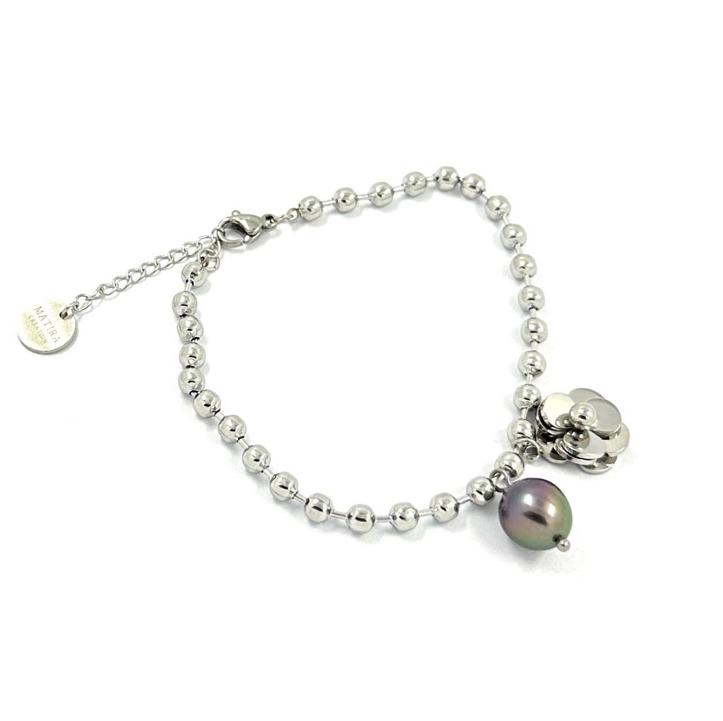 BRACELET FLOWER AVEC PERLE DE TAHITI - ACIER INOXYDABLE