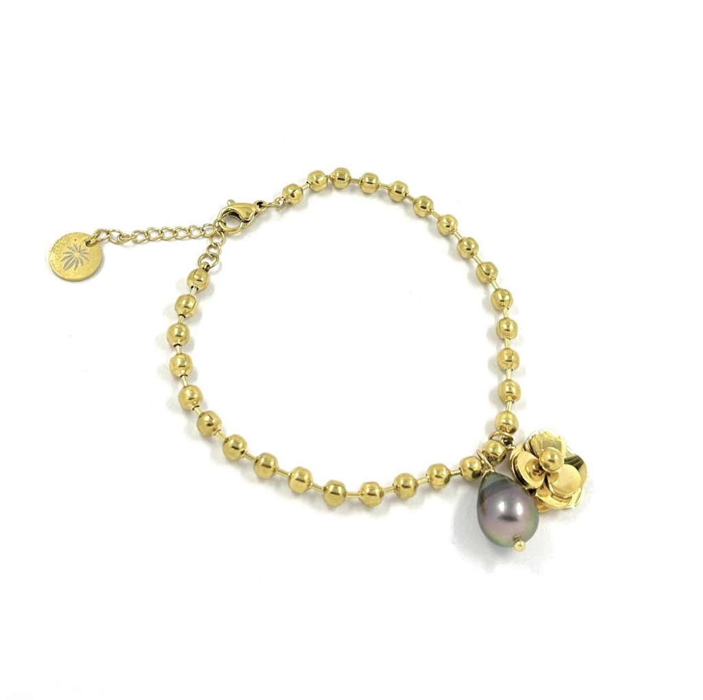 BRACELET FLOWER AVEC PERLE DE TAHITI - ACIER DORE