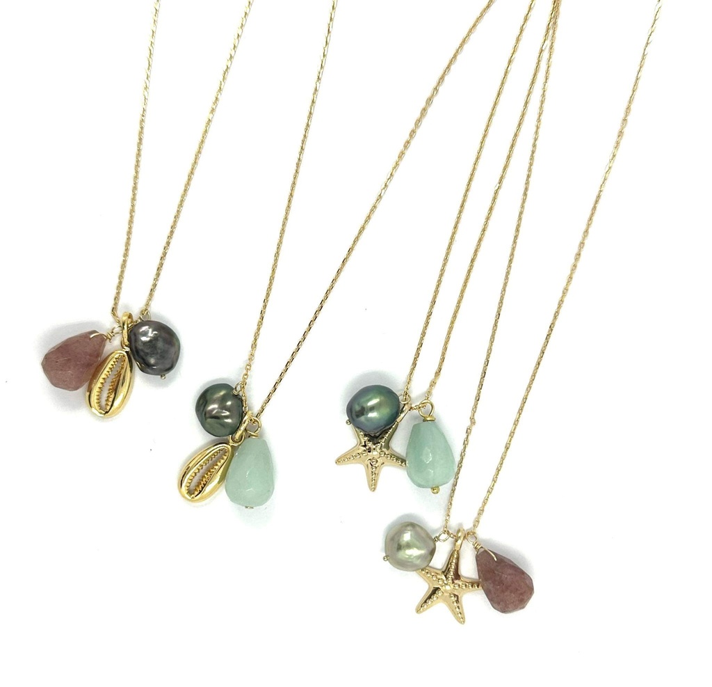 Collier plaqué or, charms, pierres et keishis