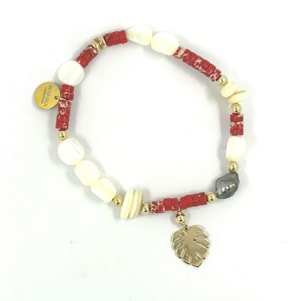 Bracelet élastique Ape plaqué or Keishi corail rouge et nacre