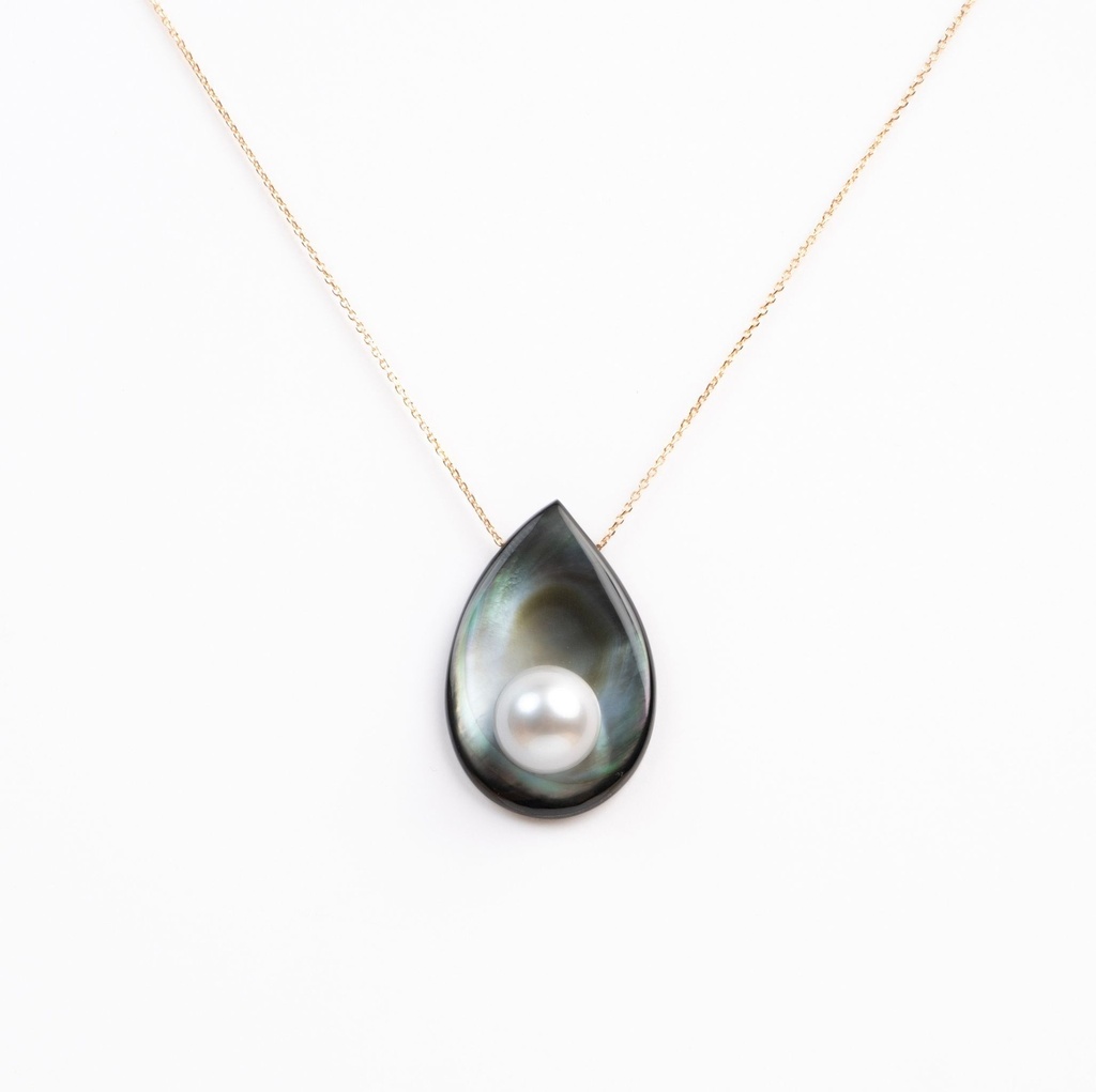 Collier plaqué or nacre goutte/triangle et perle de Tahiti