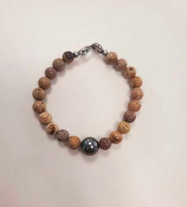 Bracelet Homme Fermoir Acier Jaspe + Corail fossile